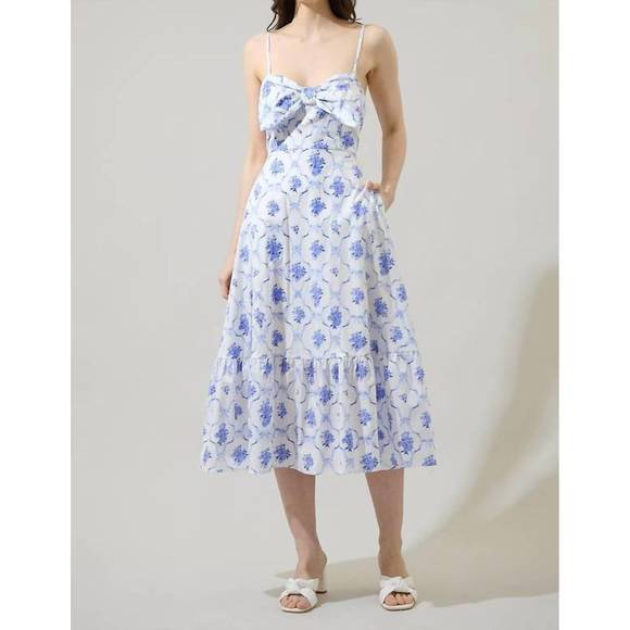 NEW SUGARLIPS nia floral perline bow midi dress in white/blue - Picture 1 of 3
